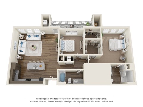 Floor plan for 2 beds, 2 baths, 1254 sqft